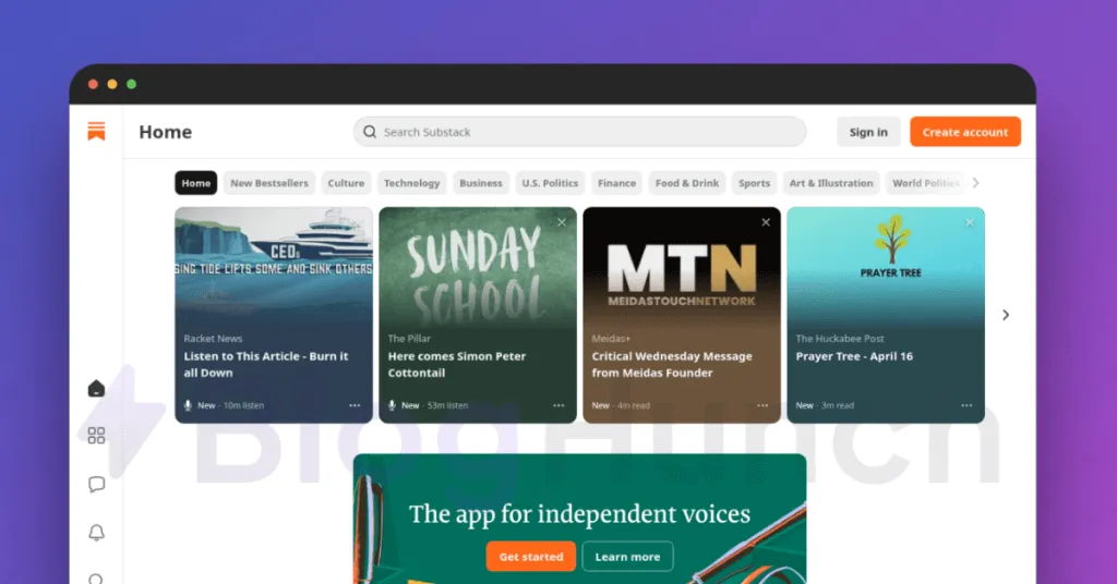 Substack homepage highlighting trending articles and independent voices, featured among the best blogpost sites for writers and publishers.