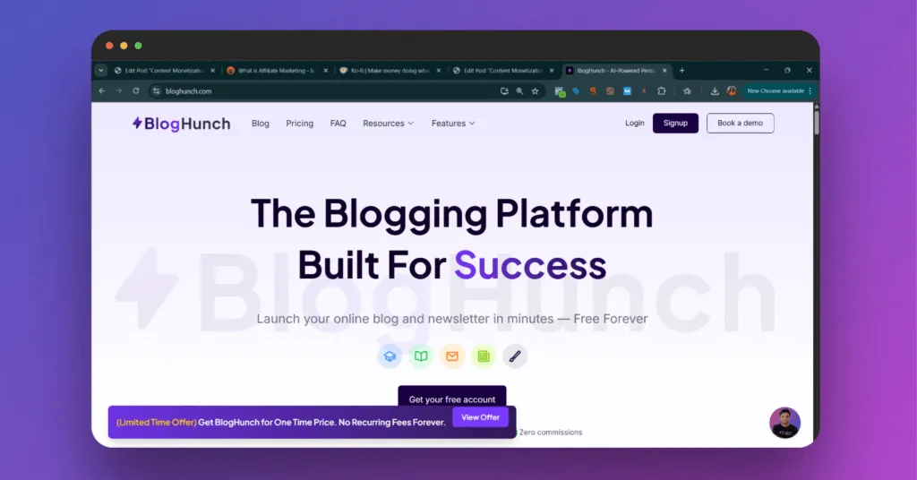 BlogHunch homepage showcasing a modern blogging platform designed for creators – the best blog site for launching online blogs and newsletters for free