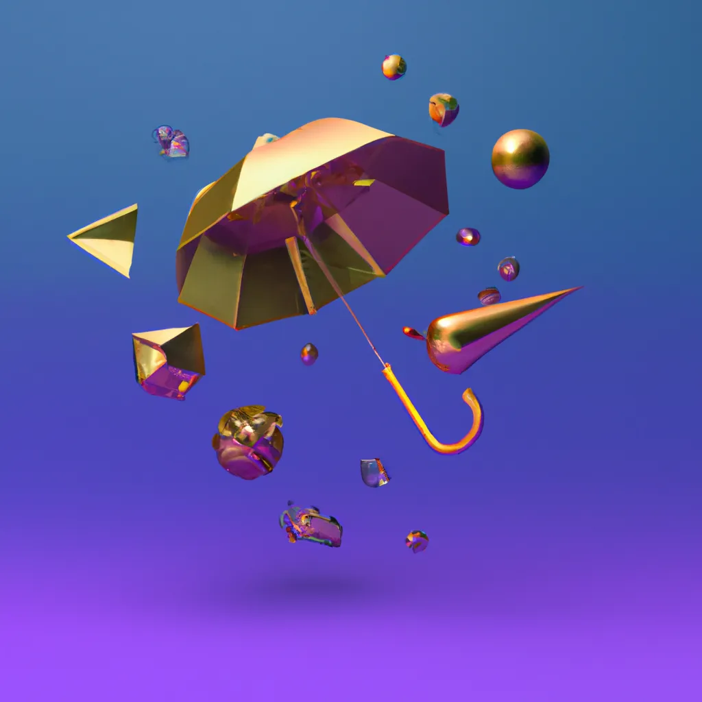 gold umbrella floating in the air with abstract shapes, to represent the marketing umbrella