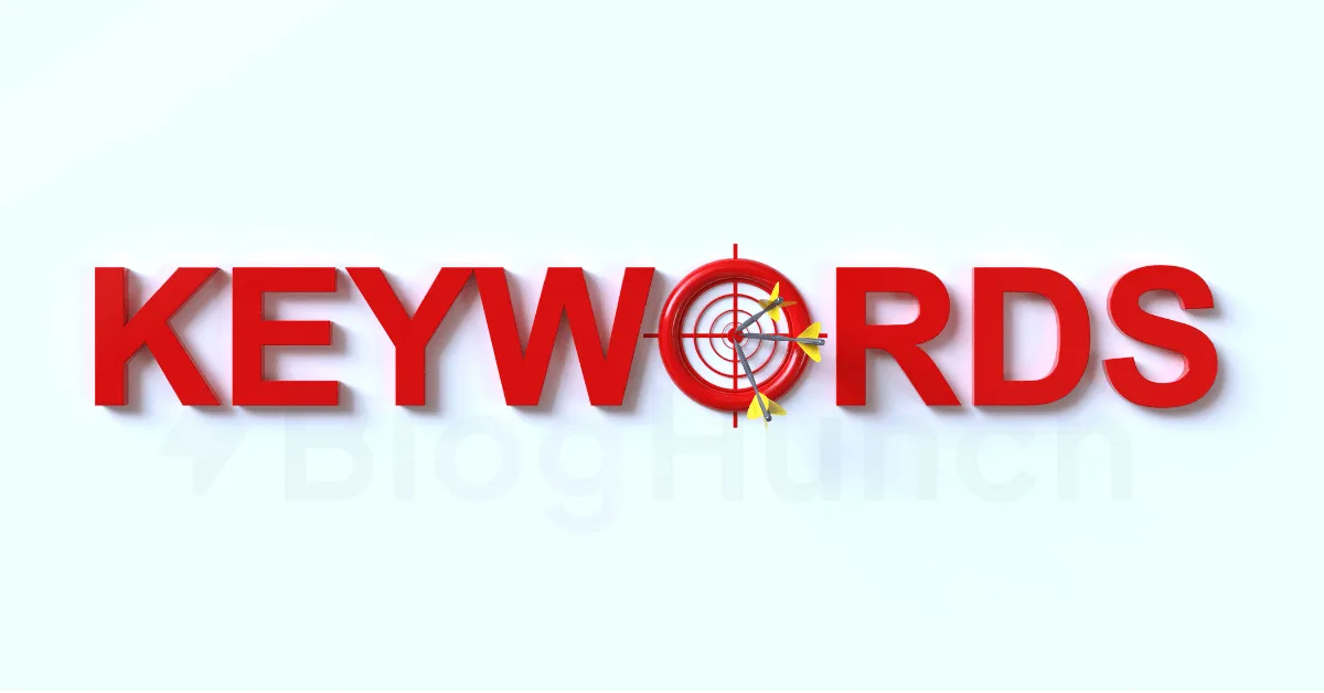 The word 'KEYWORDS' with a target and arrows, symbolizing the precision of keyword research tools in SEO content strategy.