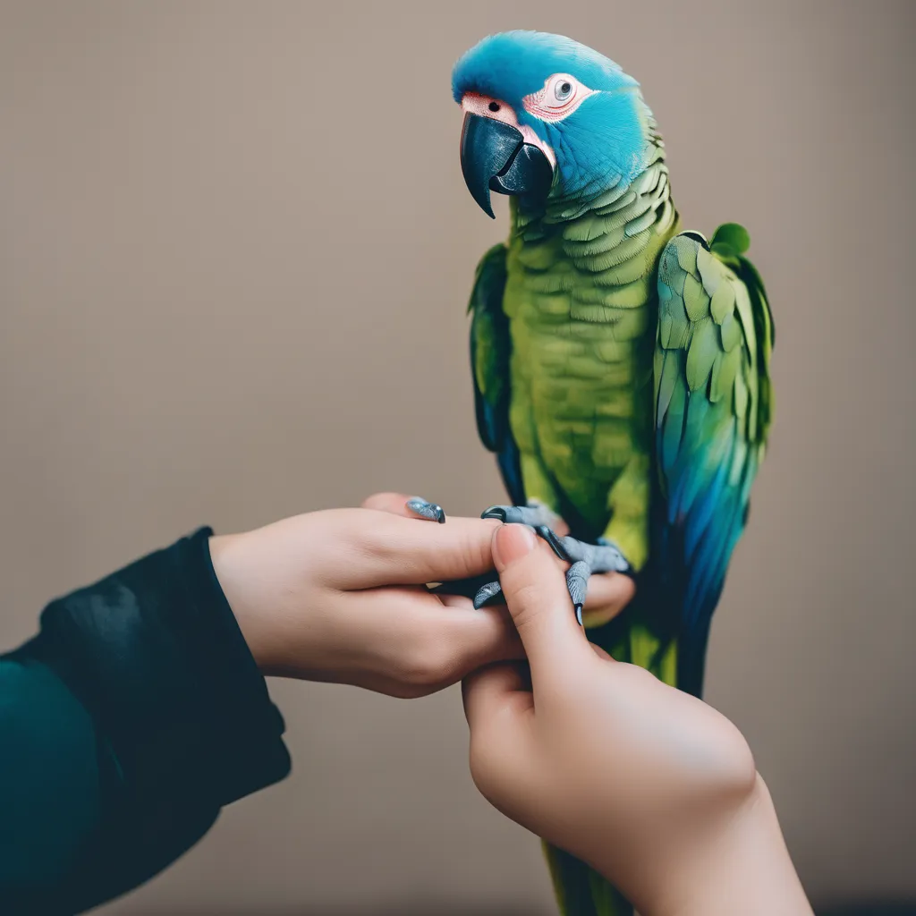 A parrot perched on a person's hand, showcasing the versatility and interactivity of BlogHunch - the next generation blogging platform.