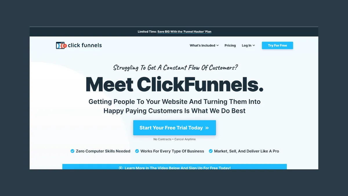 ClickFunnels homepage image - best tool for affiliate marketing