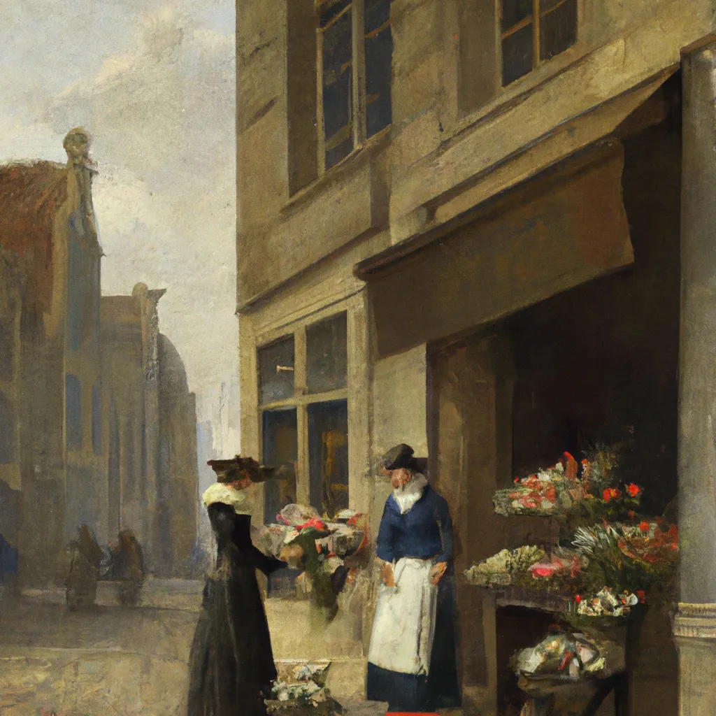 A painting of two women talking, one woman selling flowers on a 1500's-era European street corner